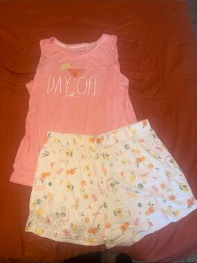 Rae Dunn Pink 'DAY OFF' Tank with White Fruit-Print Pajama Shorts